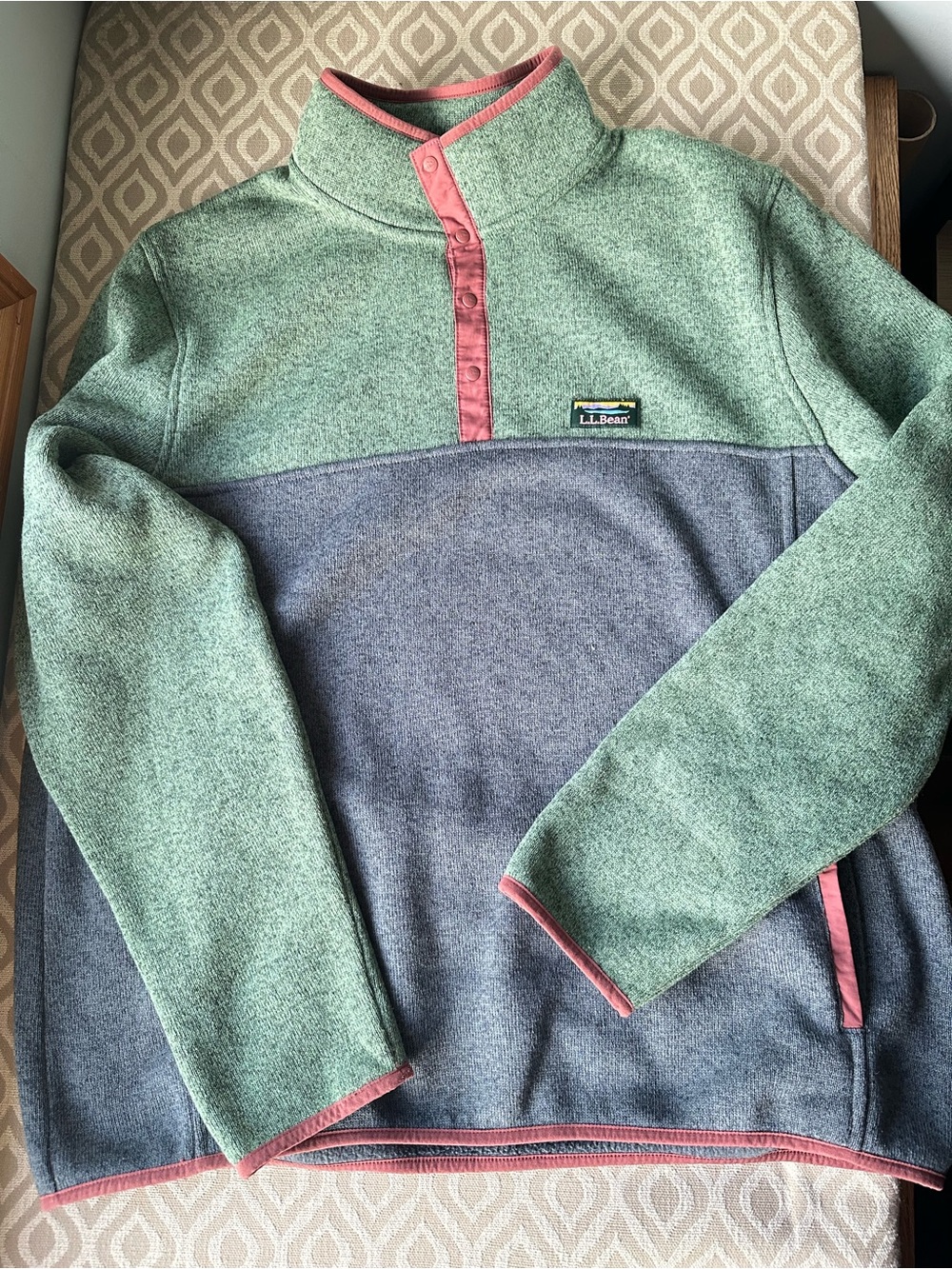 LL Bean Men XL Sweater 1/4 Snap Fleece Pullover Colorblock Green Gray - Picture 2 of 8